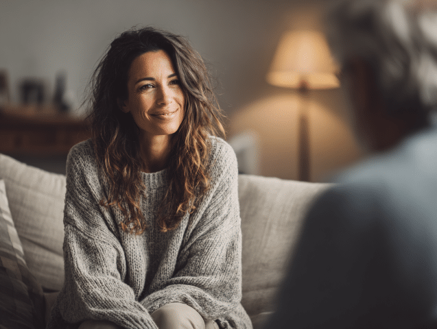 Two people talking in a calm therapy setting